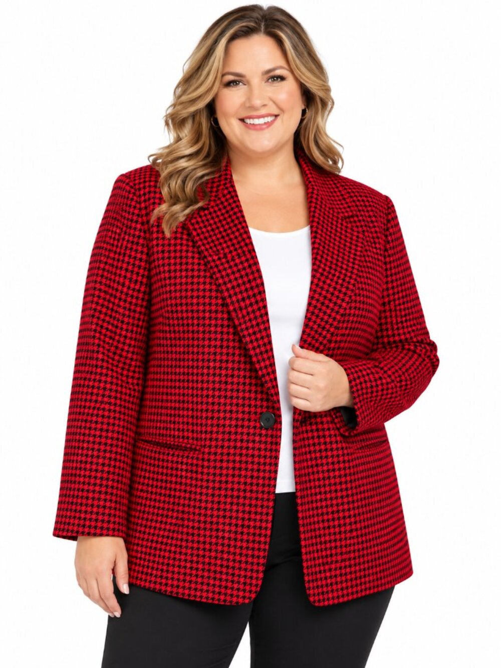 Vintage 90s Sag Harbor Woman Red Black Houndstooth Wool Blend Blazer 22W EUC
